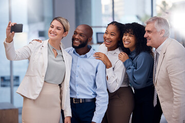 Happy, selfie and smile with business people in office for community, support and diversity. Positive, technology and social media with picture of group of employee for teamwork, friends or internet