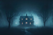 Scary old haunted house in the woods. Dwelling of a witch, a sorcerer. Mystical creepy night fog. 3D rendering. AI generated.