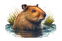Funny Cute Capybara Swimming In Pond And Looking Away. Illustration Isolated On White Background, Generative AI