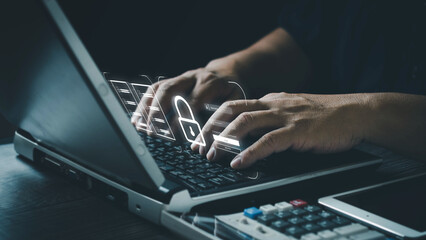 Cyber​​security and network concept Businessman using computer coding virtual lock screen icon Privacy data security and encryption Cybersecurity in the world of digital technology