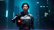 futuristic asian woman with weapon gun in cyborg suit, generative art by A.I.