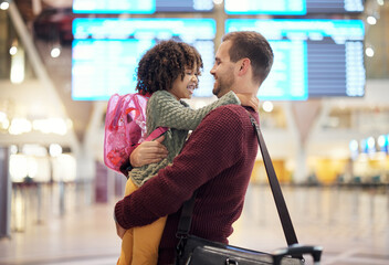 Canvas Print - Father, travel and hug girl at airport, laughing at comic joke and having fun together. Immigration flight, adoption care and love of happy man hugging foster child at airline, smile and bonding.