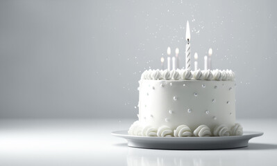 White birthday cake with cream and candles on solid white background. AI generative.