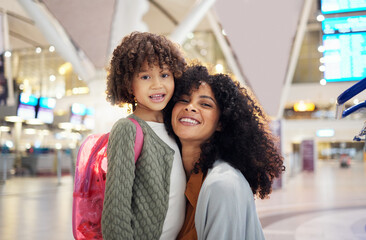 Canvas Print - Travel, airport and happy portrait of mother and girl excited for adventure, family holiday and vacation. International journey, global transport and mom smile with child waiting for flight departure