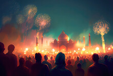 Indian Crowd People In The Diwali The Festival Of Lights In The Night With Candle Lights Fireworks And Mosque Background. Generative AI
