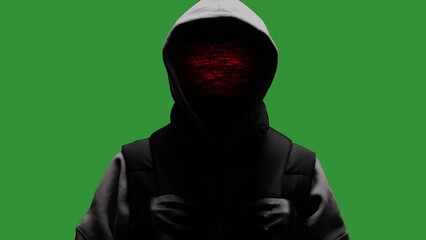 Wall Mural - computer hacker with hoodie. green screen chroma key background. darknet fraud and cryptocurrency bi