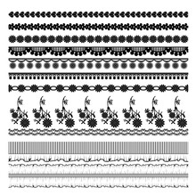 A Collection Of Lace Pattern Elements For Decorating Clothes, Shoes, Bags.
Set Of Decorative Tapes And Borders.
Black Lace, Pattern Repeat Lace Tape, Scalloped Edge, Rib Tape, Flower Embroidery.