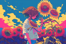 Anime Girl With Sunflowers