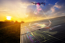 Flying Drone Inspection Explores And Making Data For Solar Cell Panel At Solar Farm With Visual Effect. Selected Focus	