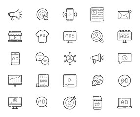 Wall Mural - digital marketing, business online advertising campaign icons. hand drawn style. vector illustration