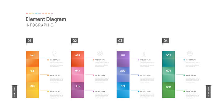infographic template for business. 12 months modern timeline element diagram calendar, 4 quarter ste