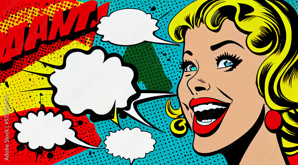 A woman with surprising and smiling and speech bubble pop art style ...