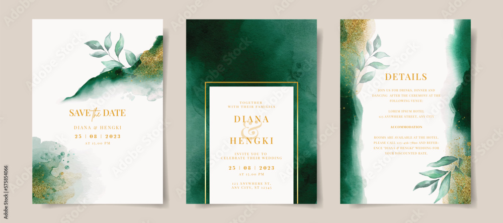 Elegant emerald green watercolor and gold with leaves on wedding ...
