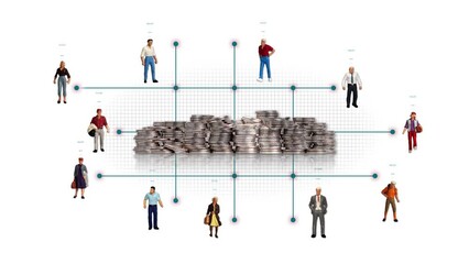 Canvas Print - Business concept with piles of coins and various miniature people. Concept of Network business. 
