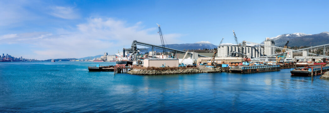 harbor port industry with view of downtown cityscape on sunny day. panorama of marine industry, grai