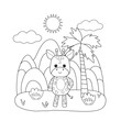 Baby coloring book with cute giraffe, palm tree in background of hills mountains. Simple shapes, outline for young kids. Cartoon vector illustration.