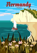 Travel Poster Normandie France, Vintage Seascape Rock Cliff