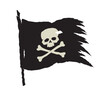 Vector wavy black tattered pirate flag with skull and crossbones symbol. Isolated on white background