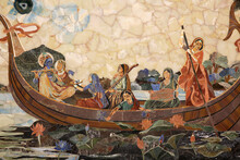Mosaic Depicting Hindu God Krishna With Gopis In A Boat . India.