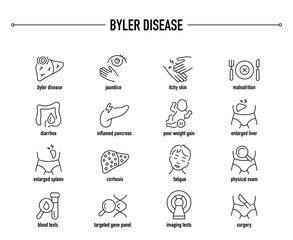 Byler Disease Syndrome symptoms, diagnostic and treatment vector icon set. Line editable medical icons.