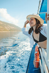 beautiful smiling woman portrait at cruise ship summer vacation