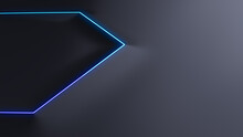 Minimalist Tech Background With Raised Hexagon And Blue Illuminated Trim. Black Surface With Embossed 3D Shape. 3D Render.