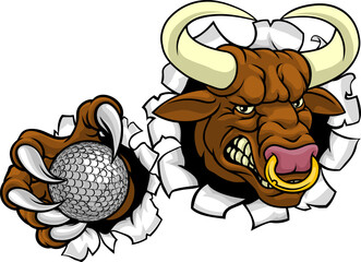 Wall Mural - A bull or Minotaur monster longhorn cow angry mean golf mascot cartoon character.