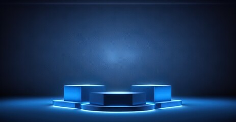 Poster - Dark blue stage podium 3d background product platform for your product display created with generated AI