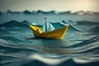 © Joaquin Corbalan - A toy paper boat sits atop a calm sea, its 3D concept illustration bringing to life the imagination of a tiny nautical vessel. Ai generated