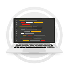 Programming language and program code on screen laptop. Programming coding. Software, web development, programming concept. Vector illustration