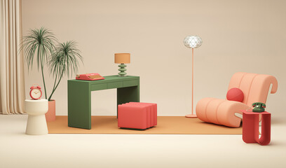 Memphis style conceptual interior room. Colorfull living room interior two green armchairs, red shelf with art decoration, clock, lamp, carpet on coral pink and beige concrete floor. 3D rendering. 
