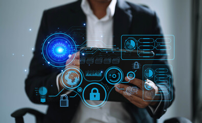 Wall Mural - cyber security data protection business working on compute intelligenc digital tablet global network