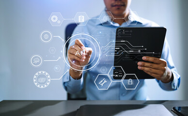 api application programming interface, woman using laptop, tablet and smartphone with virtual screen