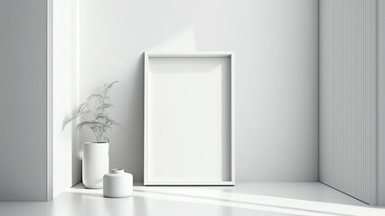 Poster - White photo frames with image placeholder against a wall.