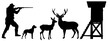 © Corri Seizinger - Set Wildlife forest landscape hunt hunting hobby background banner illustration vector for logo - Black silhouette of hunter perch stand, deer, dog and hunter, isolated on white background