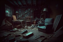 Living room destroyed in war, Generative AI