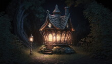 Old Witch Or Wizard Spooky Creepy Fantasy Haunted Cottage Small Scary Magic House In Mysterious Ancient Woods Scene Dark Night Forest Background. AI Generative Illustration.
