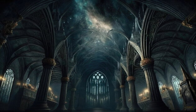 hogwarts castle school witchcraft wizardry old wizard room dark interior fantasy ceiling background 