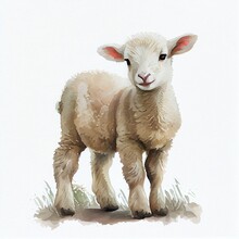 Portrait Of A Cute Baby Sheep, Watercolor Illustration