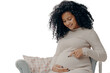 Future african american mother in white dress talking with baby inside belly