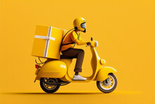 Free Fast Delivery Service By Scooter On Yellow Background. Courier Delivers Food Order. A Man Delivers A Parcel Around Town. Express Delivery. Cartoon Design AI Generation