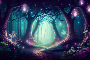 Canvas Print - magic forest in the night created with Generative AI technology