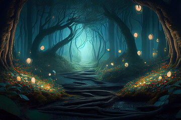 Canvas Print - magic forest in the night created with Generative AI technology