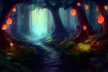 Canvas Print - magic forest in the night created with Generative AI technology