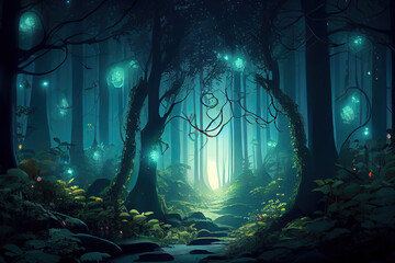 Wall Mural - magic forest in the night created with Generative AI technology