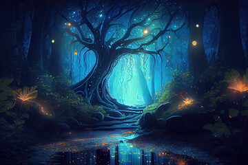 magic forest in the night created with Generative AI technology