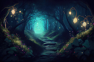 Canvas Print - magic forest in the night created with Generative AI technology