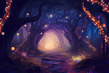 Wall Mural - magic forest in the night created with Generative AI technology