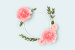Round frame made of pink rose, carnation flowers and green eucalyptus branches on a blue background. Place for text.