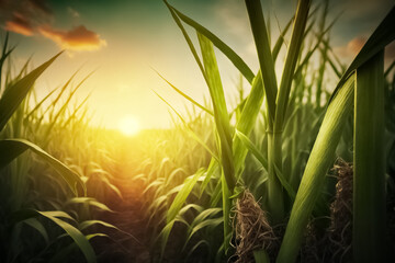 Sugar cane fields, culture tropical and planetary stake. Sugarcane field in blue sky with white sun ray. Sugar cane fields, culture tropical and planetary stake. generative ai